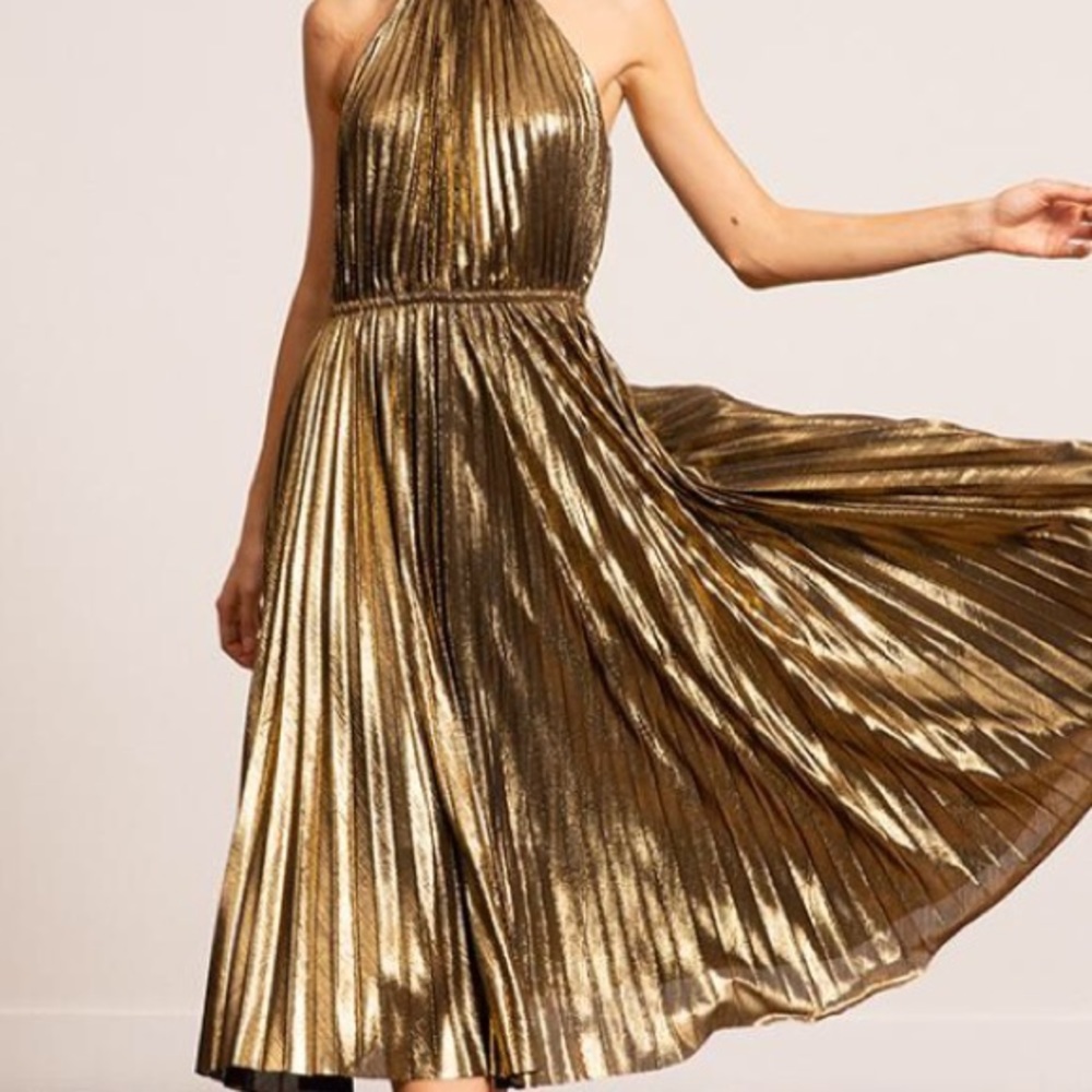 Lulus Christina Gold Pleated Halter Midi Dress